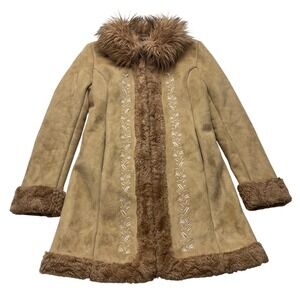 VTG Y2K Route 66 Penny Lane Coat Women Small Faux Fur Suede Tan Embroidered Boho